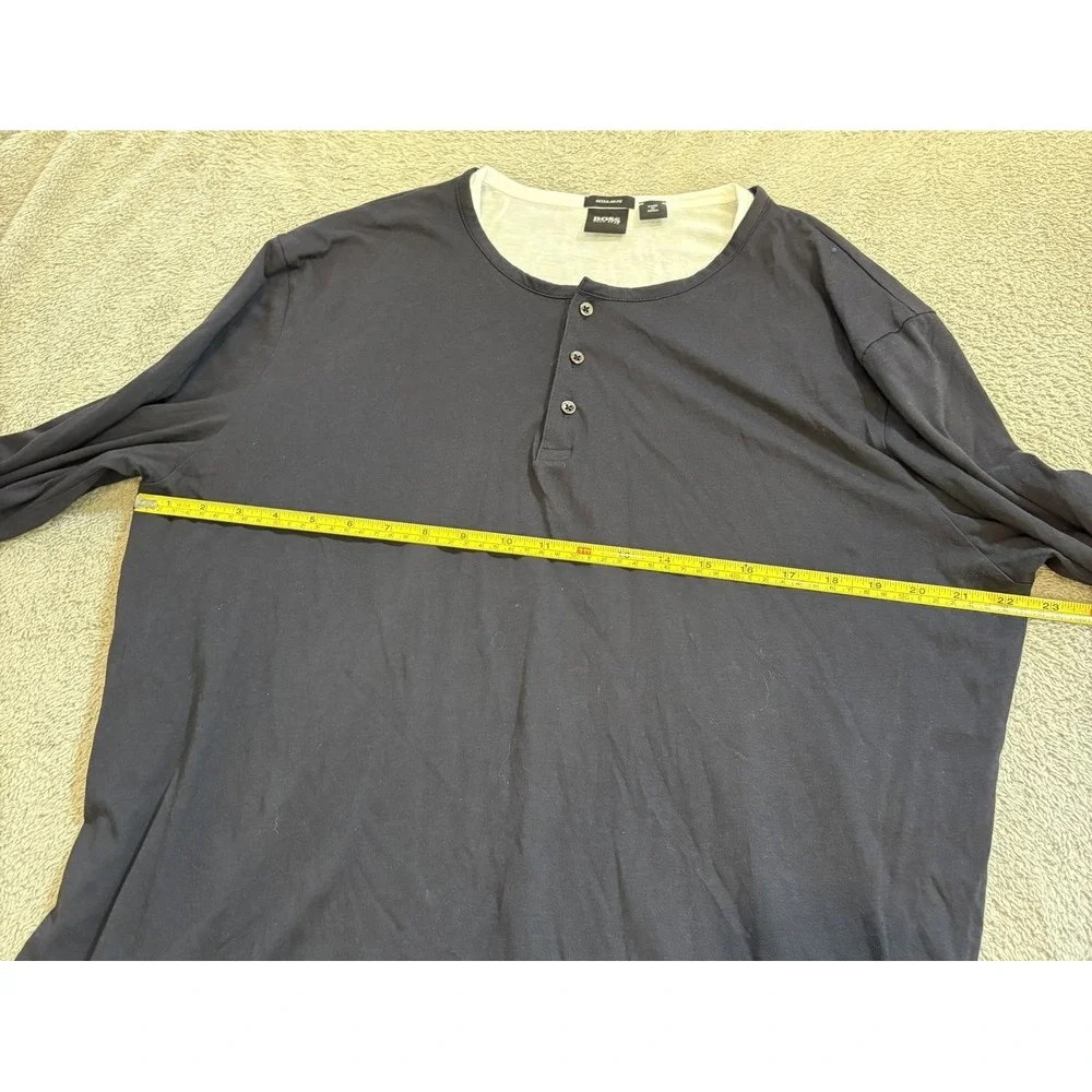 Hugo Boss Mens XXL Navy Blue Long Sleeve Henley Shirt Regular Fit Contrast Layer
